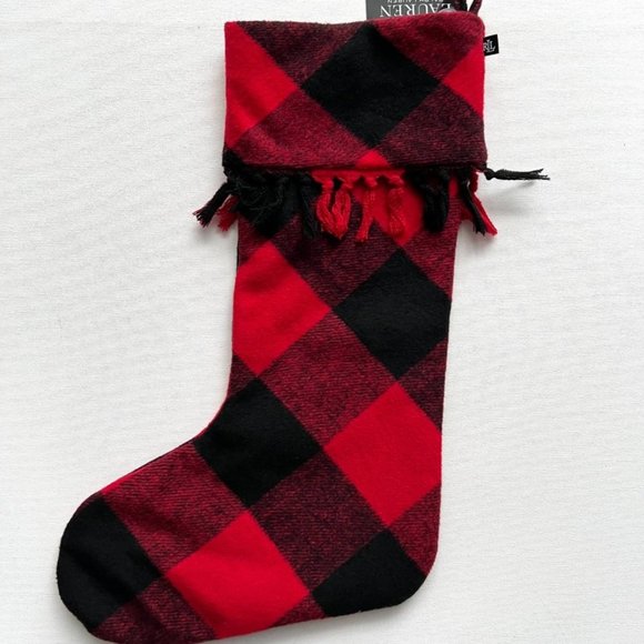 LAUREN Ralph  Lauren Holiday Christmas Stocking Wool Plaid Red Black Fringe - Picture 1 of 2
